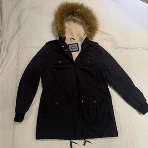 Women's Levi Strauss Black Parka Coat with Faux Fur Hood